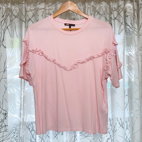 MAJE rose light pink Tournoi ruffle frill stripe detail T-shirt top - Picture 4 of 9